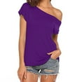 thumbnail image 2 of SereneDome Womens Off The Shoulder Tops Ladies Summer Casual Loose Fit Tunic Tops Cold Shoulder Irregular Short Sleeve T Shirt, 2 of 6