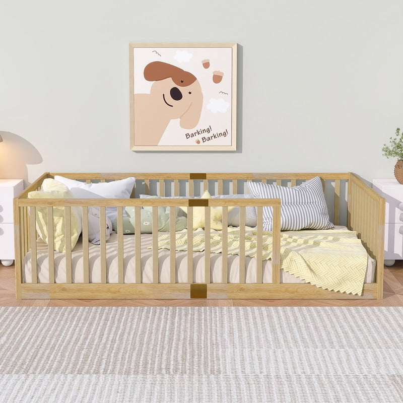 Mirightone Twin Size Wood Montessori Floor Beds with High Fence Railings, Twin Floor Bed with Slats, Twin Playhouse Bed Frame, (Natural&nbsp;)