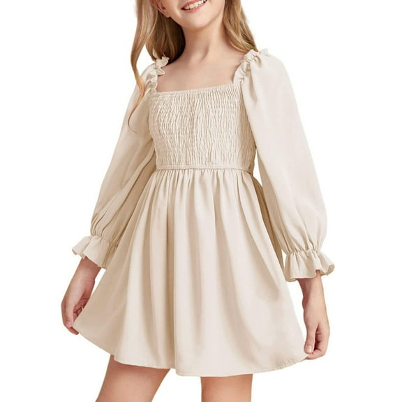 HomeGardon Girls Dress,Toddler Dress for Girls Squares Neck Lantern Sleeve Ruffled Big Swings Dress High Waist Lace Dress for 3-10 Years Old,4Y-10Y