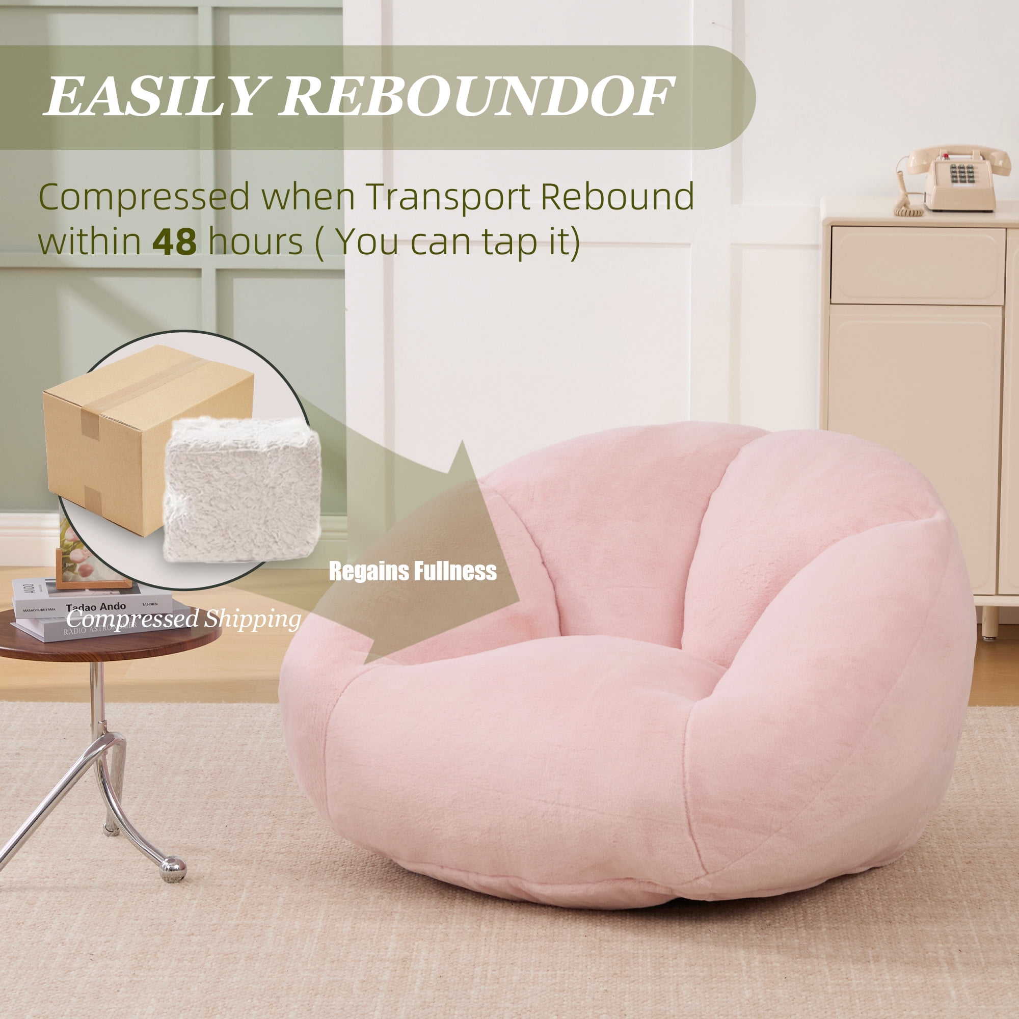 MOONMISS Bean Bag Chair for Adults & Teen,Floral Shaped Memory Foam Deep Sink-in Breathable Faux Fur Bean Bag Sofa,Easy to Clean for Living Room & Dorm,Pink