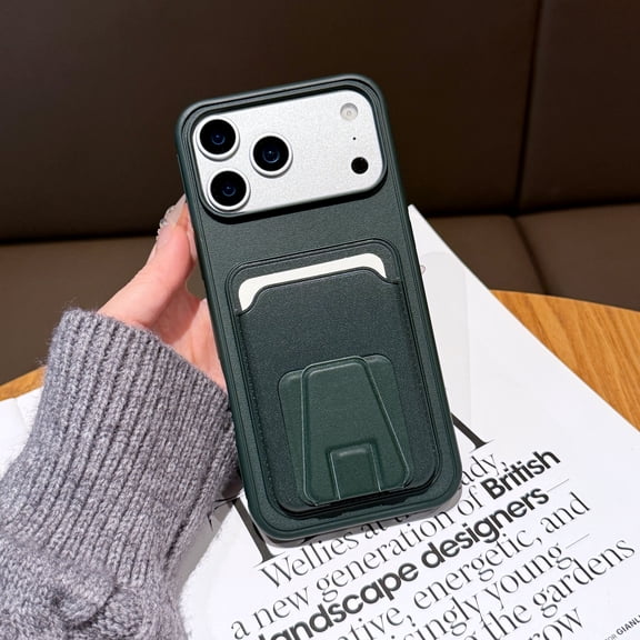 Case for iPhone 13 Pro Max, Ultra Thin PU Leather TPU PC Phone Case with Card Back Holder, Hidden Kickstand Bracket, Shockproof Drop Protective Slim Lightweight Folio Style Cover, Darkgreen