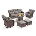 thumbnail image 5 of PARKWELL 6-Piece Outdoor Furniture Set with 30-Inch Propane Firepit - Rattan Cushioned Sofa and Wicker Swivel Glider Chairs,Outdoor Seating for Backyard Gatherings, Brown/Gray, 5 of 10