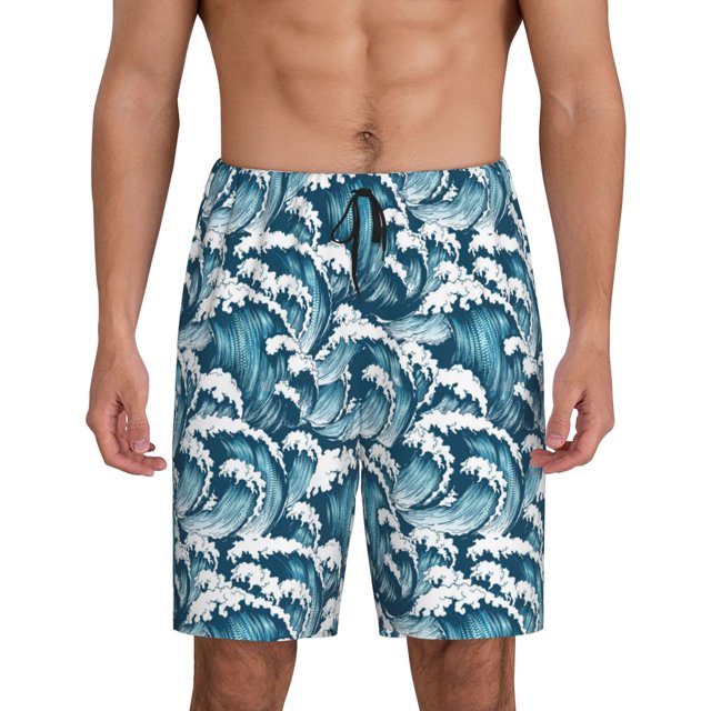 Balery Ocean Waves Pantalones cortos de pijama de punto de algodón para hombre con cinturilla y bolsillos-4X-Large