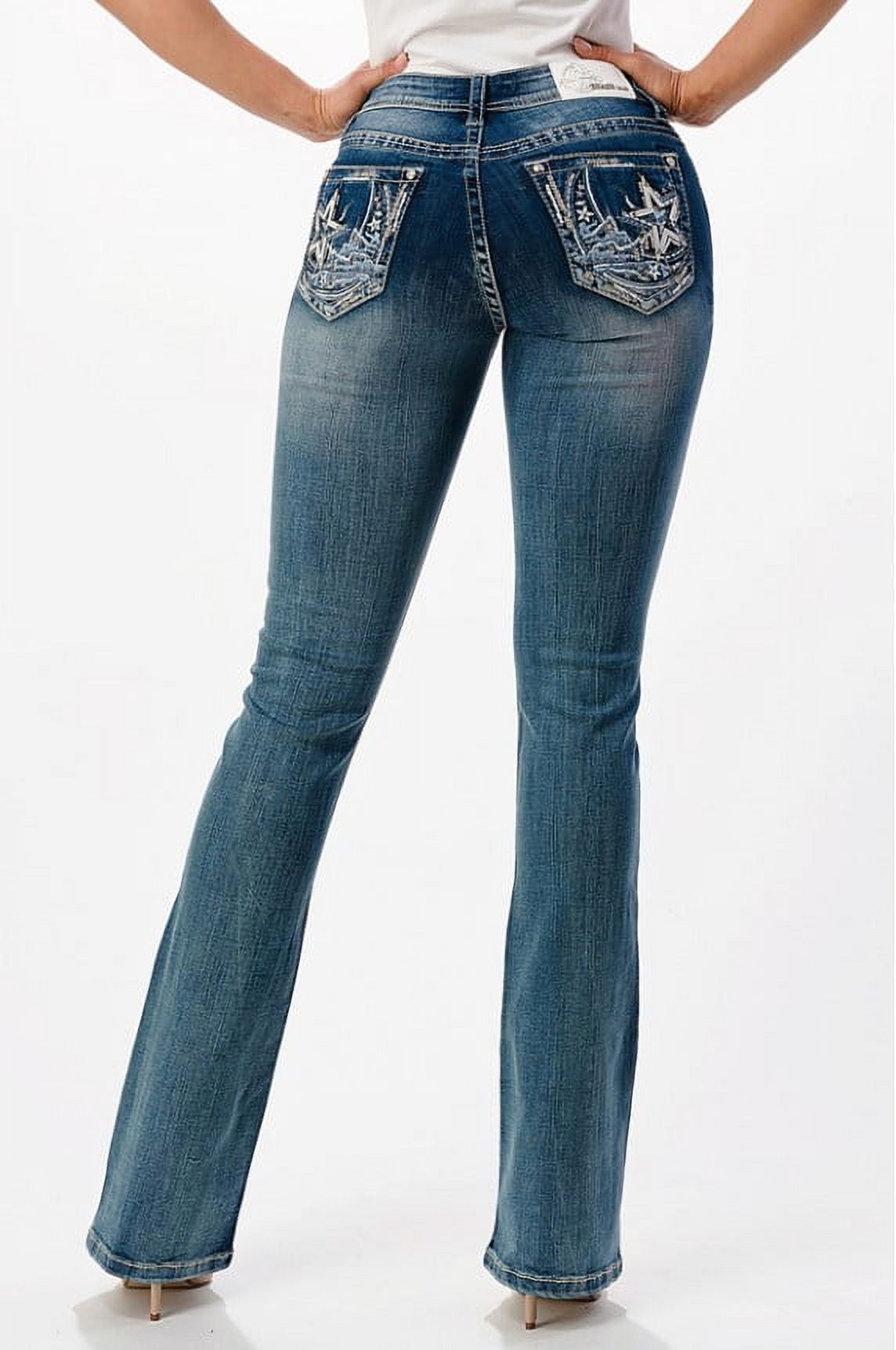 Grace in LA Women's Moon Star Embroidered Distressed Bootcut Stretch Jeans  (28)