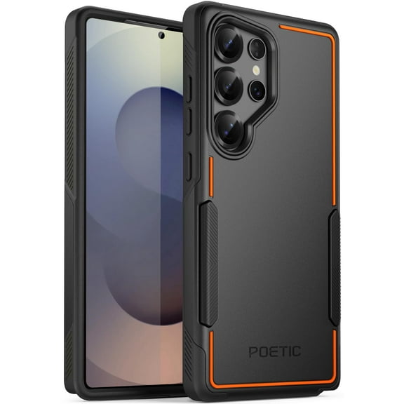 Poetic Neon Case for Galaxy S25 Ultra 5G, Dual Layer Heavy Duty Rugged Lightweight Slim Shockproof Protective Cover Phone Case, Black/Orange