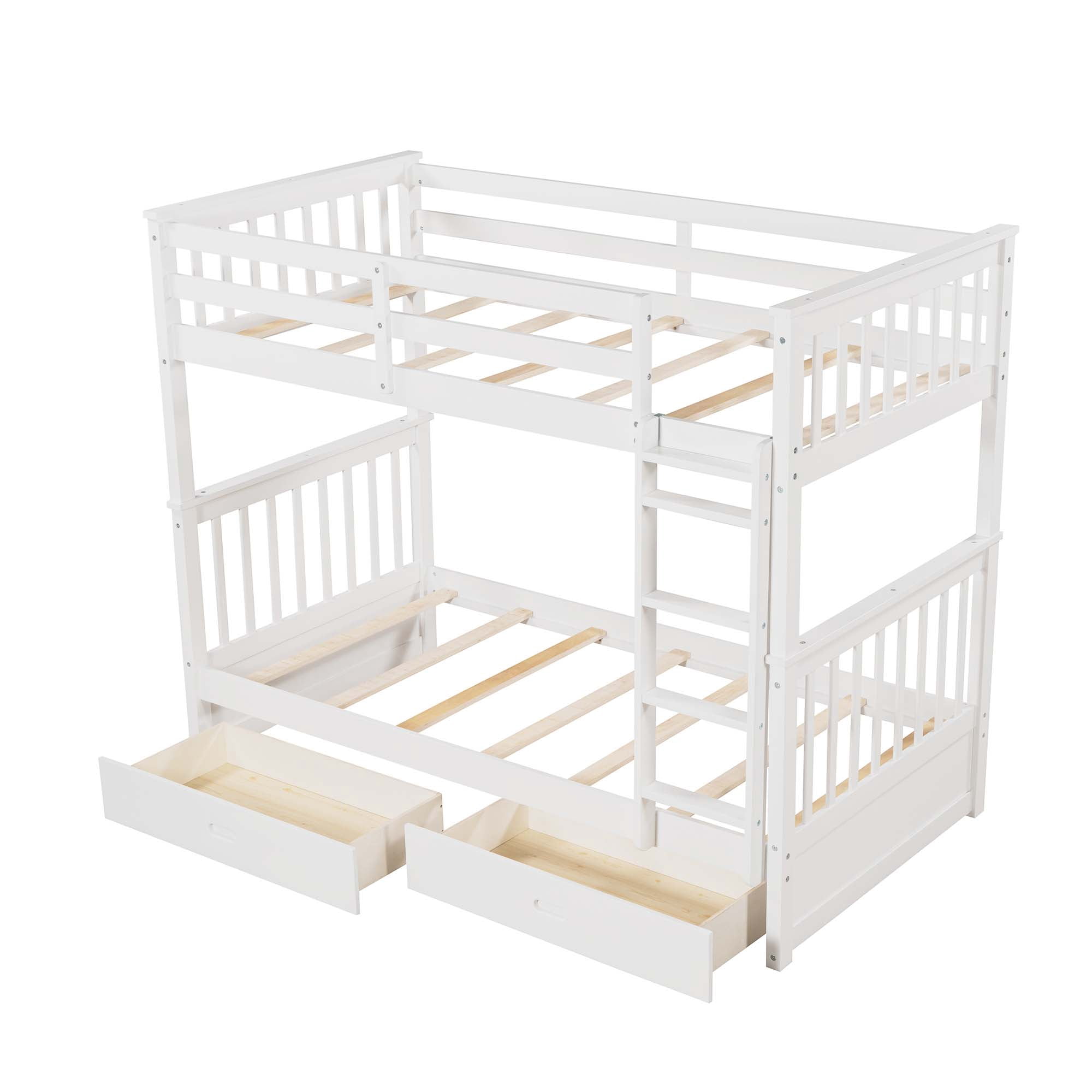 Aukfa Twin over Twin Bunk Bed with Two Storage Drawers, Wood Convertible Two Bed for Kids Teens - White