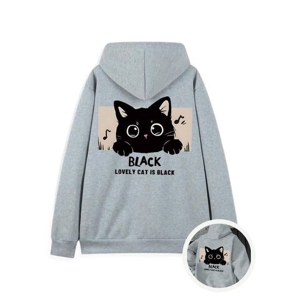 Men's Black Cat Print Hoodie, Autumn and Winter Sweatshirt