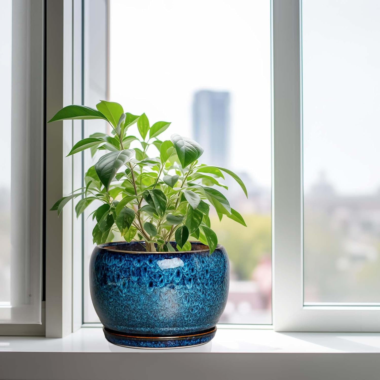 10 Inch Plant Pot - Ceramic Planter Pot with Drainage Hole and Saucer, Decorative Plant Pot for Indoor Outdoor Plants, Round Large Planter Flower Pot, Blue