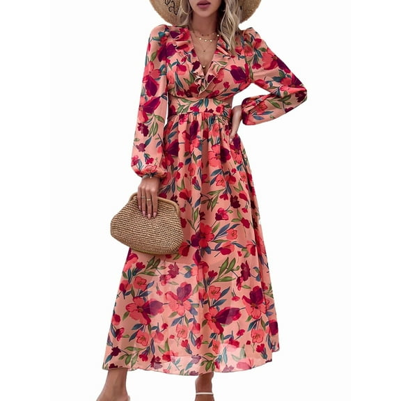 Womens Casual Boho Deep V Neck Long Sleeve Long Dress Pink S