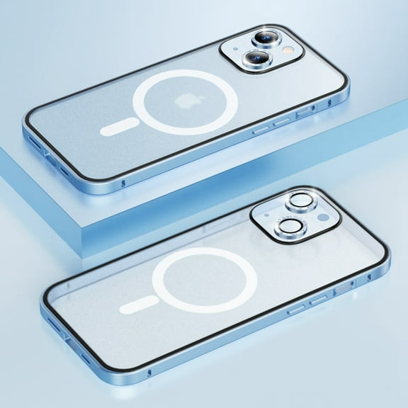 Dteck Case for iPhone 13,Luxury Metal Aluminum Bumper Case Magnetic MagSafe Matte PC Back Cover with Diamond Tempered Glass Camera Lens Protector,Blue