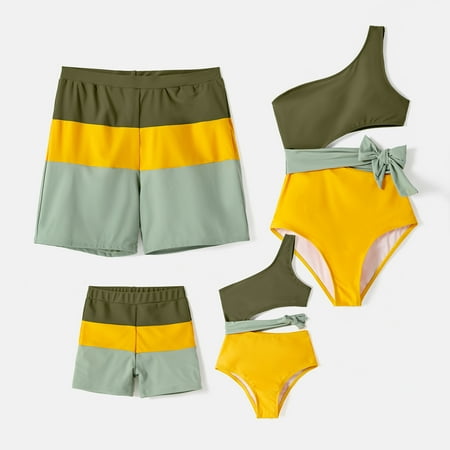 

PatPat Easter Mommy and Me Family Matching Colorblock One Shoulder One-piece Swimsuit and Swim Trunks