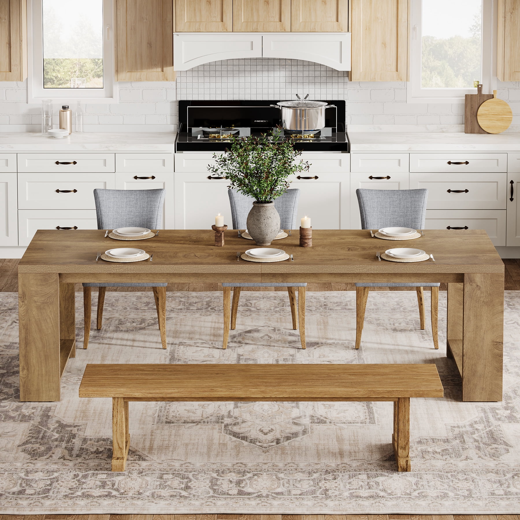 Tribesigns 86.61-inch Dining Table for 6-8, Farmhouse Narrow Kitchen Table with Wood Pedestal Base, Light Brown