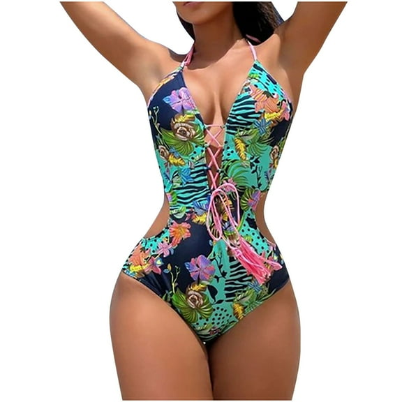 WREESH Womens One Piece Swimsuits Conjoined Body Halter Backless Printing Bikinis Sets Sleeveless Bathing Suits Green