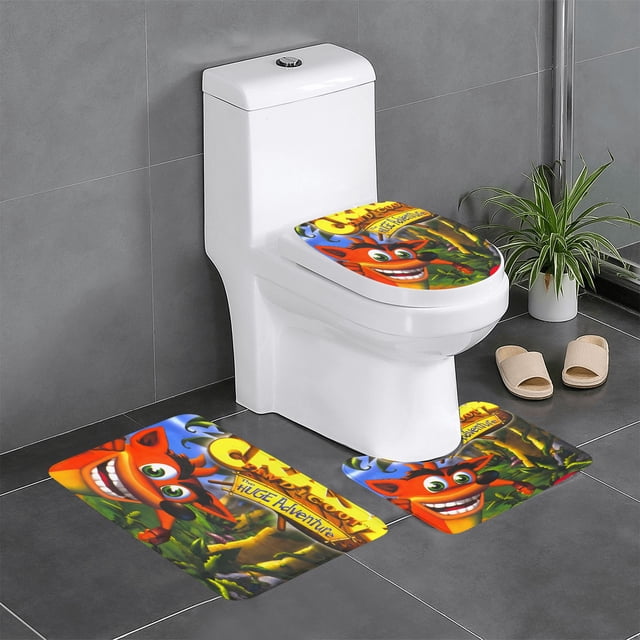 Crash Bandicoot Juego de 3 alfombras de baño de coral fleece: tapete de baño + alfombra de inodoro en forma de U + funda de tapa de inodoro en forma de O