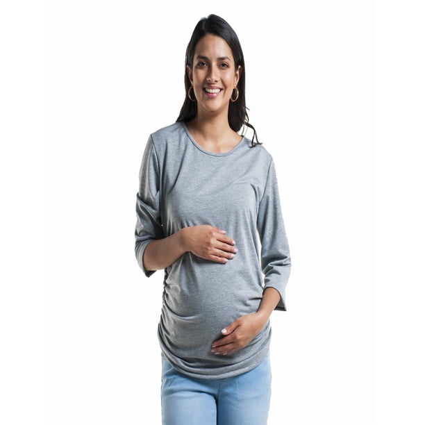 Playera Maternidad Algodón Manga 3/4 Cómoda Ropa Embarazo Blusa Básica Mujer Casual Color Gris