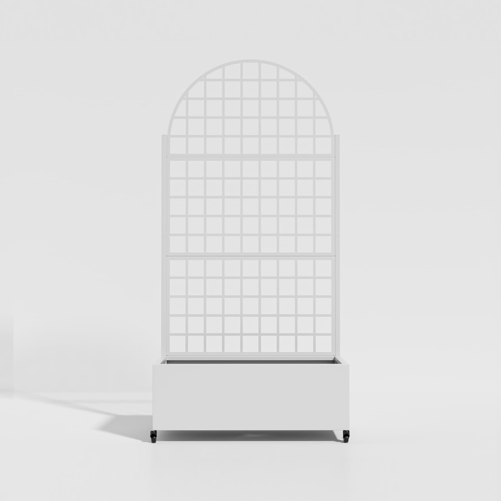MAYEERTY 35*16*71"Outdoor White Metal Planter with Arch Climbing Trellis, Drainage hole & Wheels, Grid Pattern