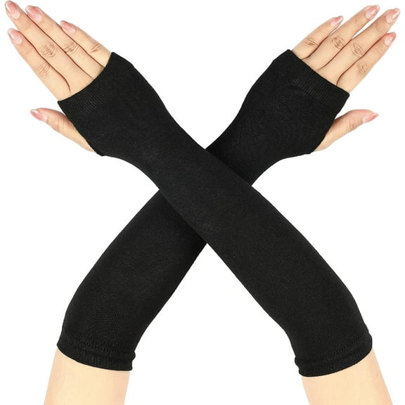 Long Black Fingerless Gloves Elbow Length Arm Warmers Winter Thermal Stretchy Knit Gloves Thumb Hole Long Fingerless Warmers For Women