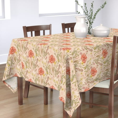 

Cotton Sateen Tablecloth 90 Square - Vintage Botanical Flowers Victorian Wildflower Poppy Floral Look Garden Blush Poppies Print Custom Table Linens by Spoonflower