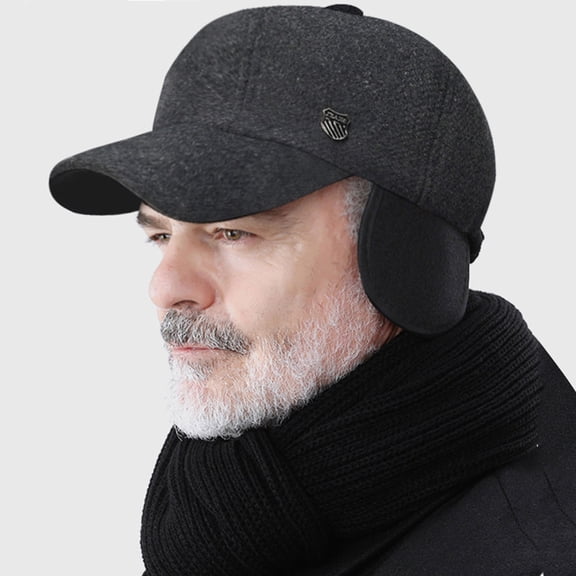 Eosunjian Men Winter Baseball Hat Long Brim Solid Color Windproof Cold Resistant Ear Protection With Earflap Cold Weather Father Outdoor Cap Black