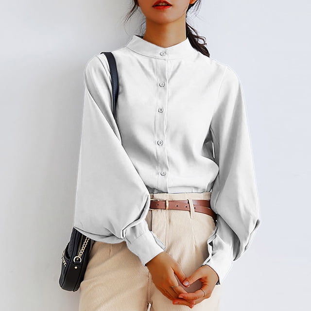 Tawop T-Shirts Femmes Blouses Col Rond Manches Longues Lin Chemises Blanches pour Femmes Blanc m