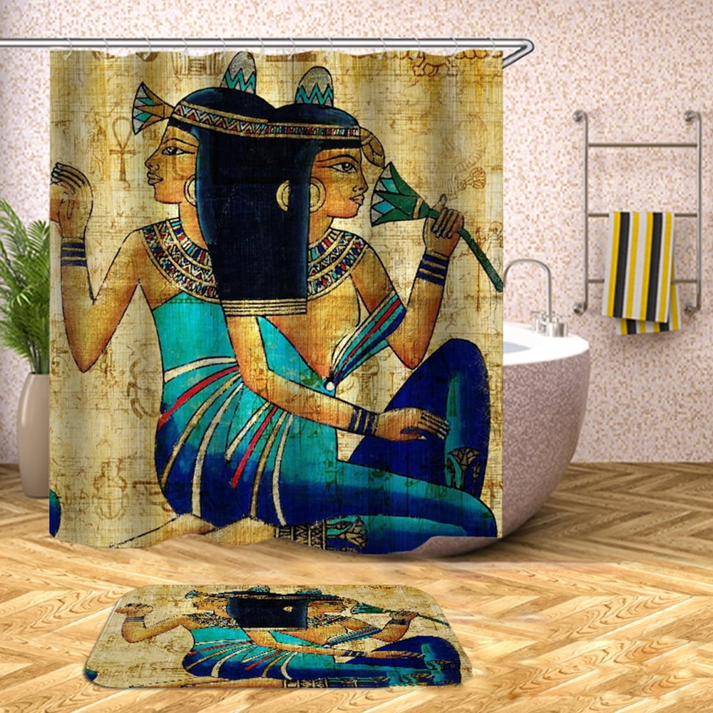 72x72" Ancient Egypt Pharaoh Waterproof Fabric Bath Shower Curtain Mat Hooks Set 
