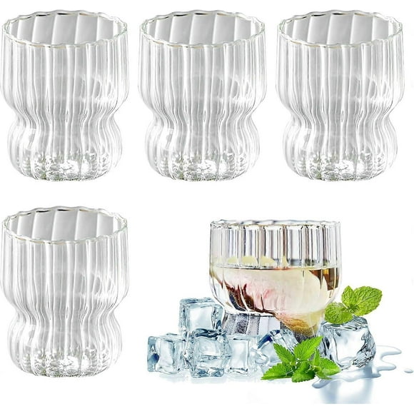 Fluted Glass Set - 4 x 300ml Latte Macchiato Glasses Double Walled Fluted Bubble Glass Borosilicate Glass for