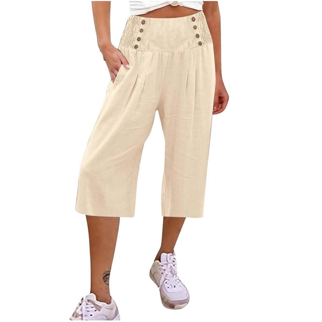 Timegard Capri Pants for Women Wide Leg Elastic High Waisted Button Ruched Casual Loose Cropped Trousers