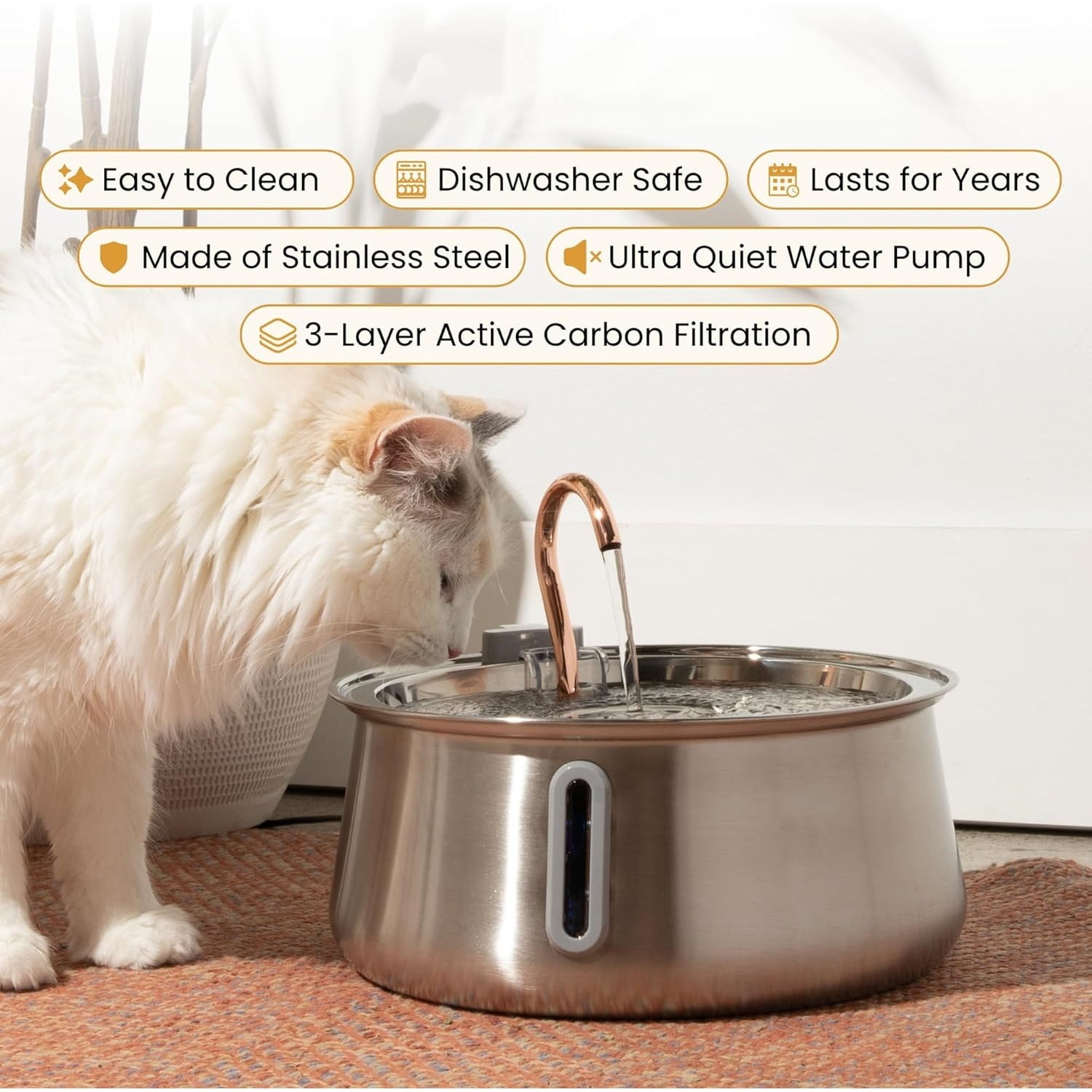 Stainless Steel Cat Water Fountain Automatic Drinking Fountain, Quiet Circulating Water Bowl, Dishwasher Safe, Indoor Pet Fountain for Hydrated Healthy Cats (Stainless Steel, 4L Corded)