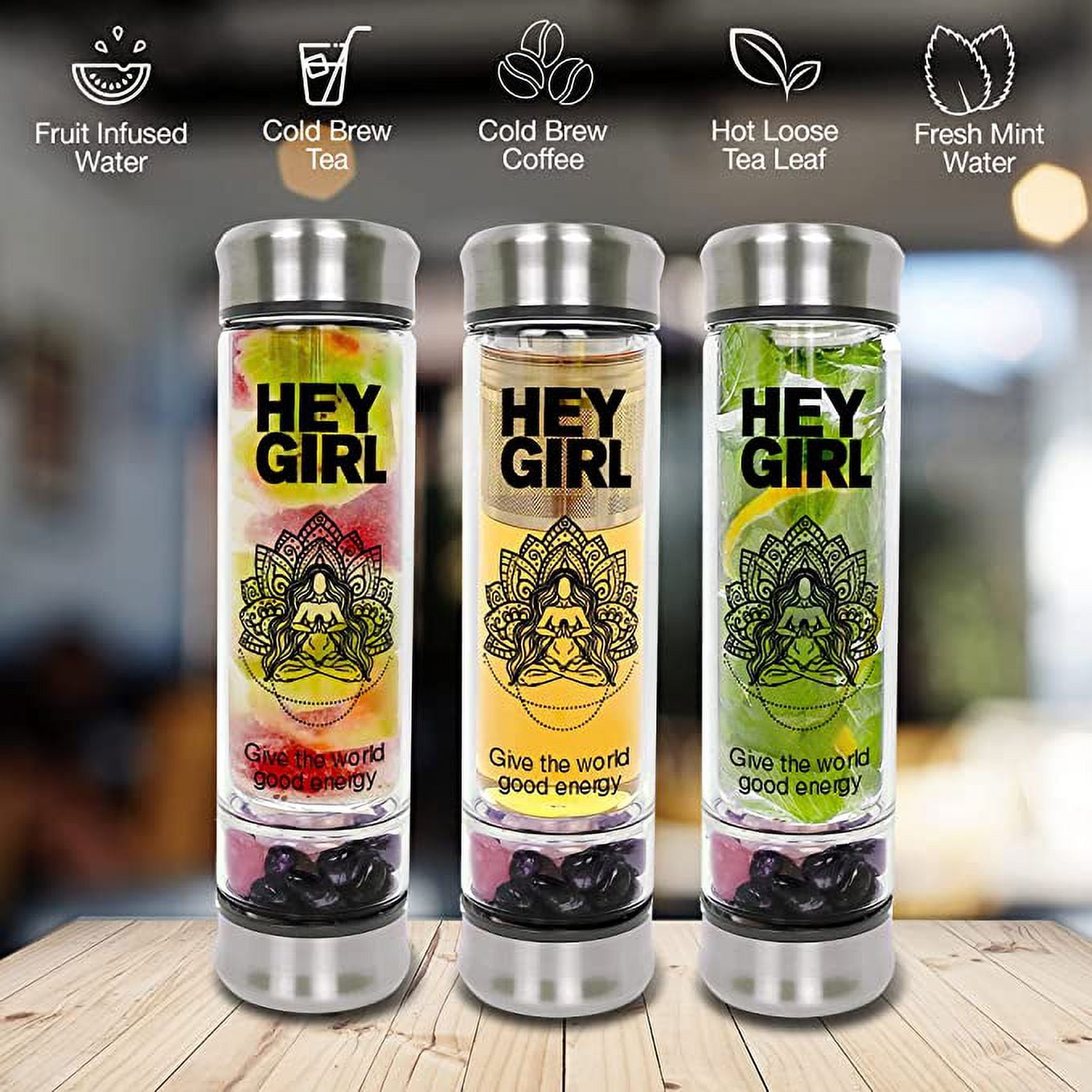 Hey Girl Crystal Water Bottle with Rose Quartz & Amethyst Crystal - Reusable Glass Water Bottles - Tea Infuser Bottle, Clear Glass Travel Mug Tumbler for Women - 350ml