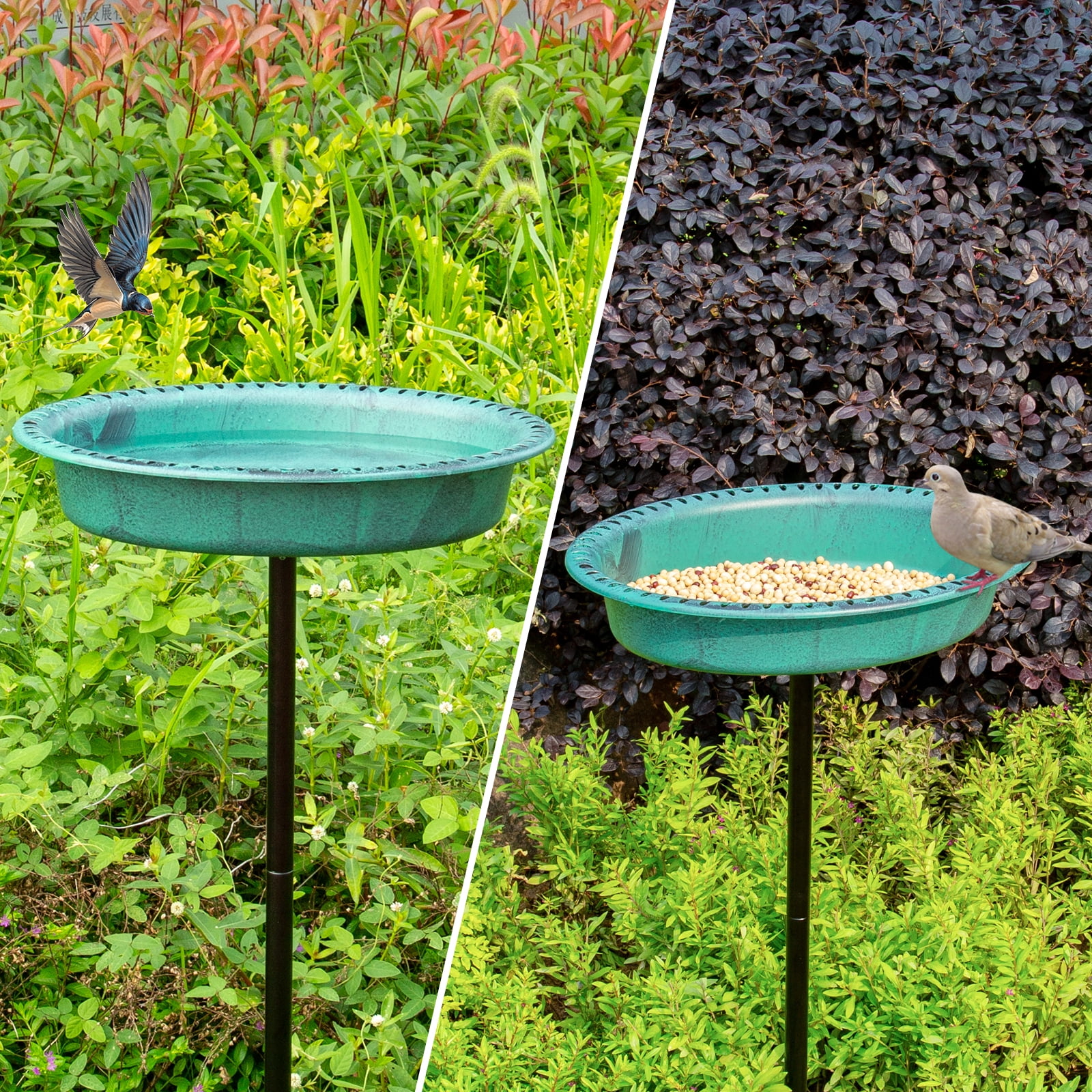 OBENSKY Oval Polyresin Bird Bath Bowl with Metal Stake, 34 Inch Height Outdoor Freestanding Birdfeeder - Green