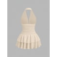 thumbnail image 2 of Black Knit & Woven Patchwork V-Neck Ruffle Backless Mini Dress, Ruched Waist, Elegant Vacation Casual Wear, 2 of 10