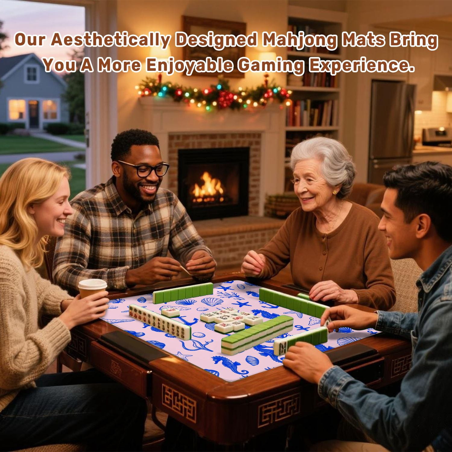 Mahjong Mat 31.5" x 31.5" Blue Ocean Theme Seahorses Starfish Anchors Shells Pink Non-Slip Noise Reduction American Mahjong Tiles Table Cover for Dominoes Poker Card Board Games Gift