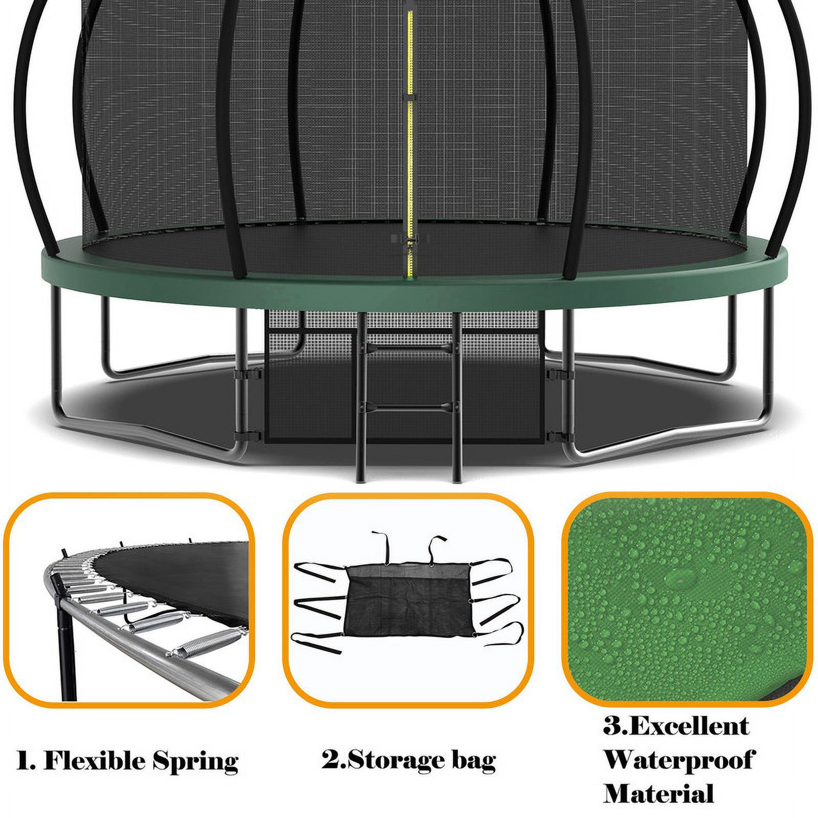 Aukfa 12FT Trampoline with Basketball Hoop for Kids, Outdoor Pumpkin Trampoline with Enclosure for Backyard - Green
