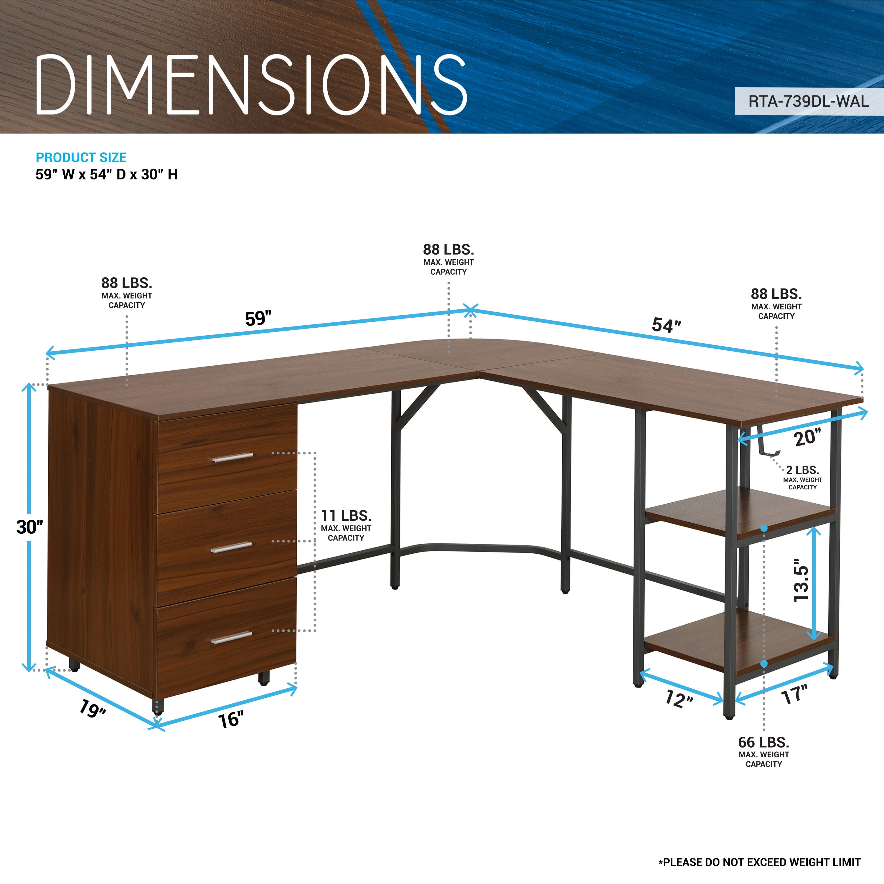 Techni Mobili L-Shape Home Office Desk with Storage, Walnut RTA-739DL-WAL