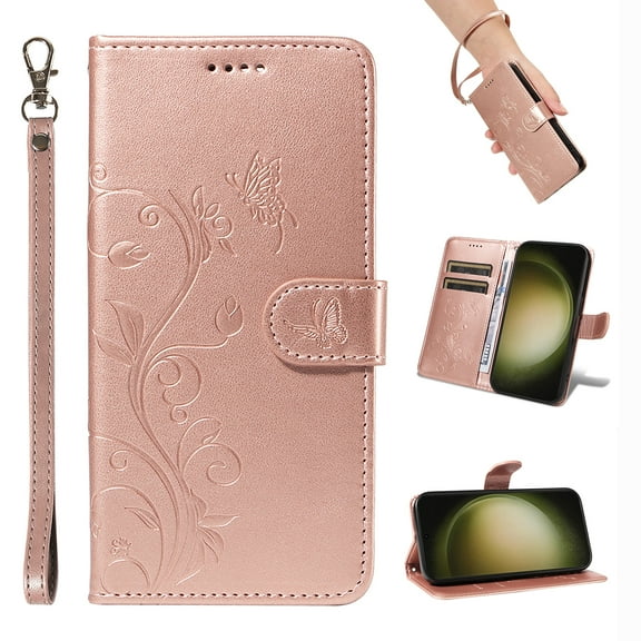 Wallet Case for iPhone 16e with Card Slots, Embossed Pattern PU Leather Phone Case with Flip Kickstand, Detachable Wrist Strap, Magnetic Closure for iPhone 16e Case, Rosegold