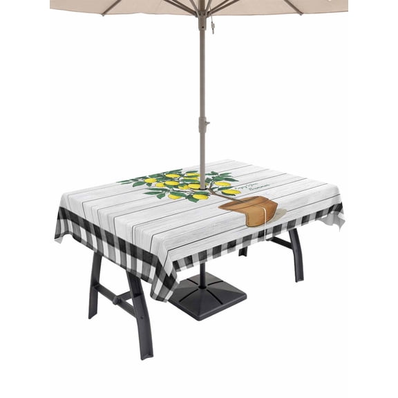 Outdoor Tablecloth with Umbrella Hole for Patio/Picnic/Party/Camping, Summer Lemon Waterproof Table Cloth Rectangle Table Cover Washable, Potted Plant Black Plaid Vintage Wood (52"x 70")