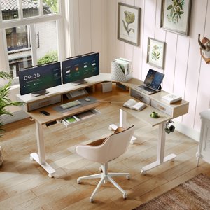 63 L Shaped Standing Desk with Drawers & Dual Motor Electric Height Adjustable Standing Desk | Natural
