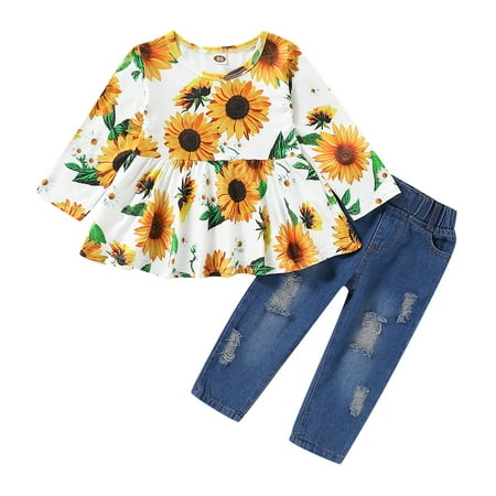 

NZRVAWS Baby Girls Outfits Sunflower Print Long Sleeve Round Neck Top+Ripped Jeans Pants 2PCS Clothes Set White 2-3 Years