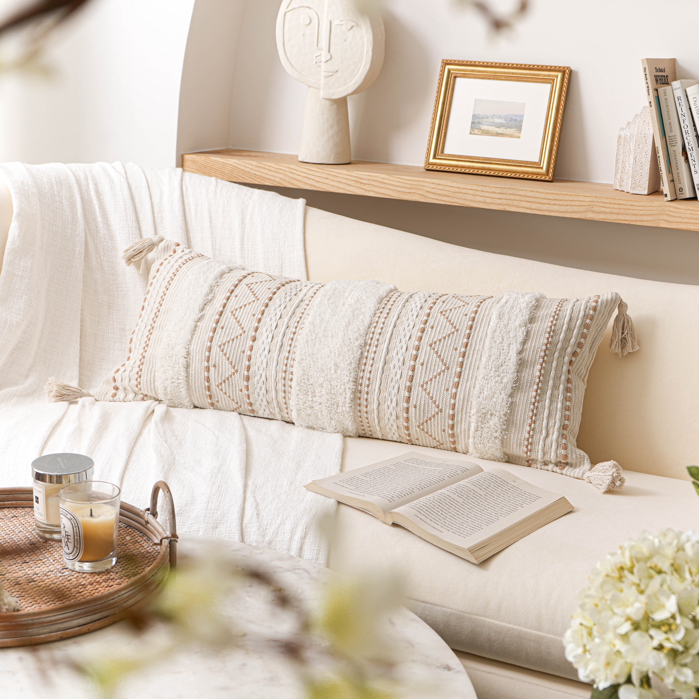 BlissBlush Cream Decorative Lumbar Throw Pillow Cover 14x36 Boho Long Cushion for Bed Neutral Accent Farmhouse Pillowcase for Bedroom Living Room Couch Sofa Home Décor (Cover ONLY, Pack of 1)