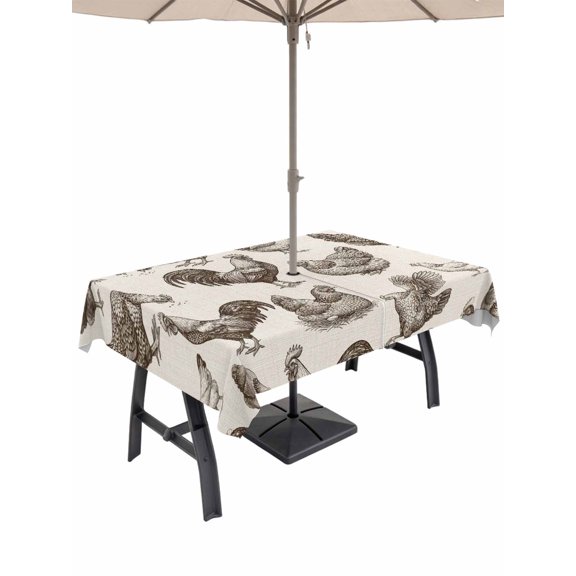 Outdoor Tablecloth with Umbrella Hole for Patio/Picnic/Party/Camping, Farmhouse Rooster Waterproof Table Cloth Rectangle Table Cover Washable, Rustic Animals Vintage Linen (60"x 120")