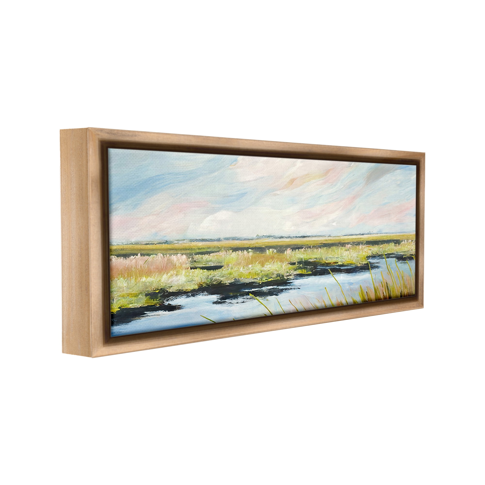 Stupell Industries River with Pastel Sky Landscape Painting Brown Floater Framed Canvas Art Print Wall Art, 25 x 11