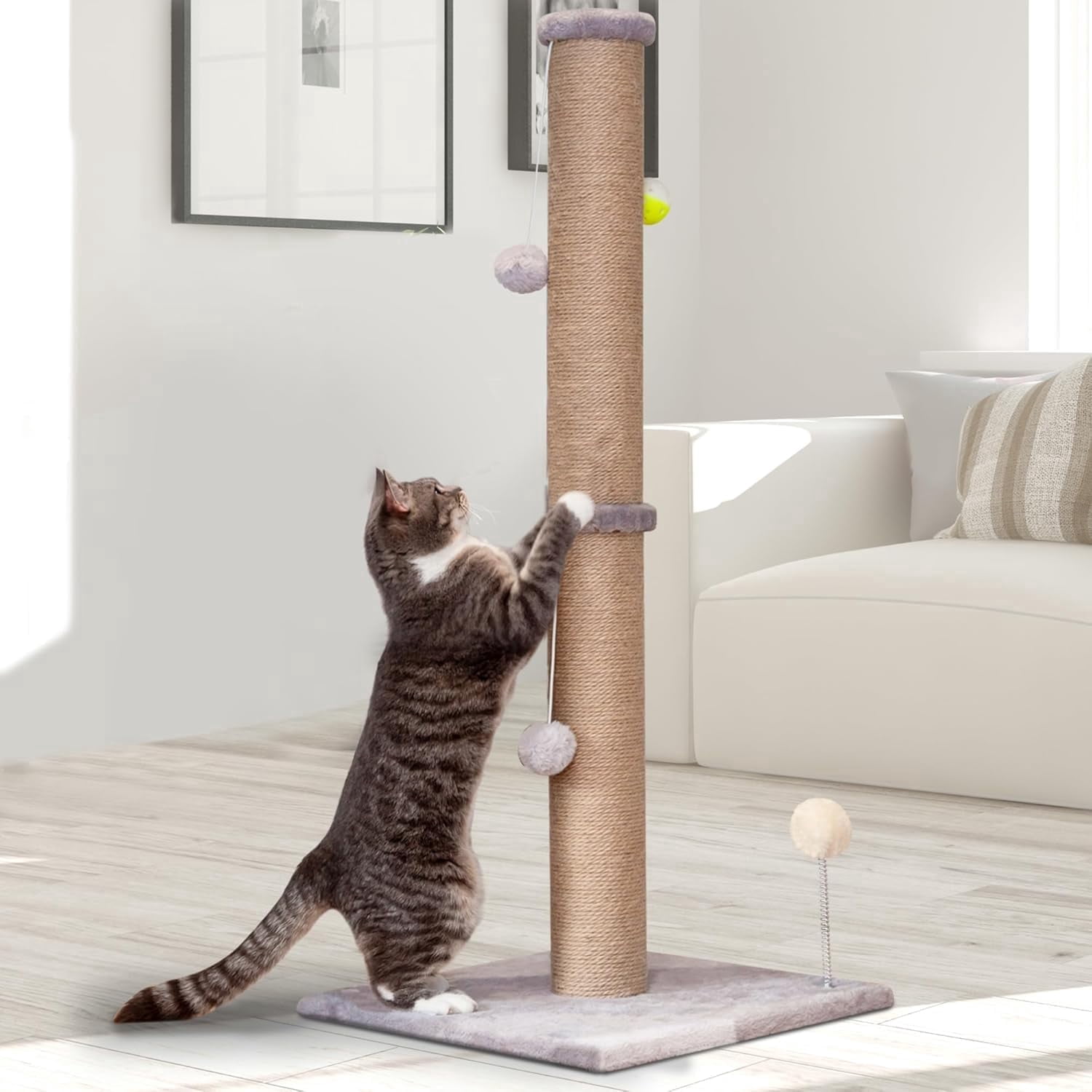 PELUOMOZ Cat Scratching Post 36 in Natural Sisal Rope Scratch Tower with 3.6 in Post and Interactive Toy Gray