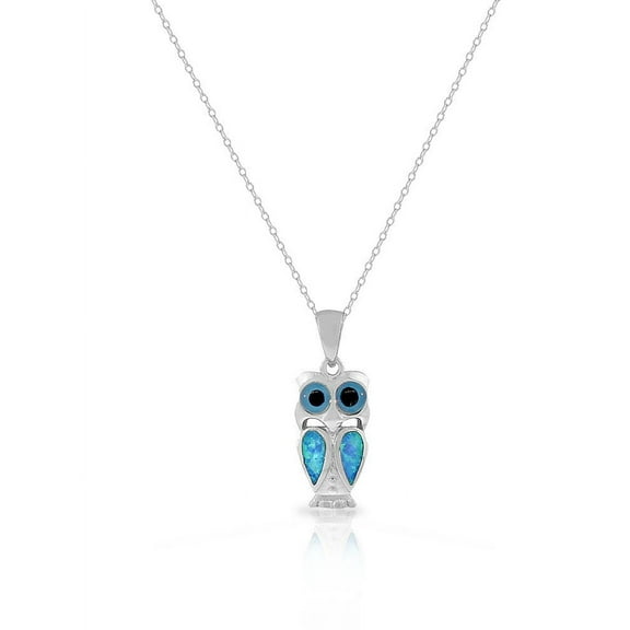 925 Sterling Silver Blue Turquoise-Tone Simulated Opal Owl Pendant Necklace