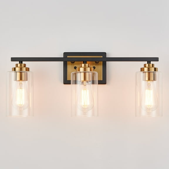 KAWOTI 22 in. 3-Light Black and Brass Vanity Light with Clear Glass Shade