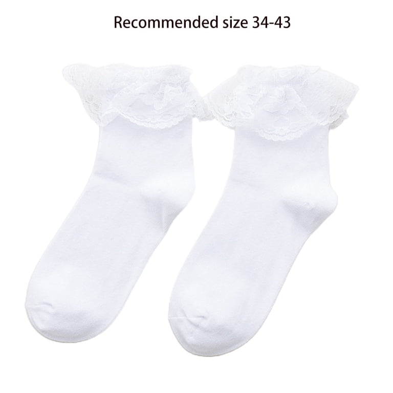 3-Pack Girls' Frilly Lace Top Socks - Black & White School Trainer Ankle Socks