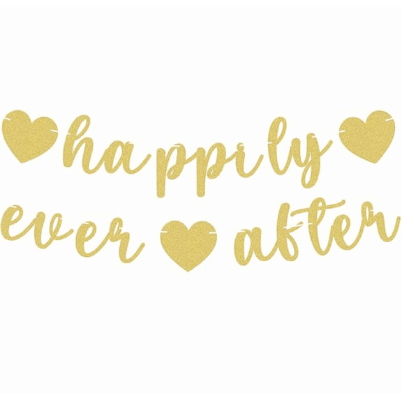 Happily Ever After Gold Glitter Banner, Wedding Party Decoration with Hearts