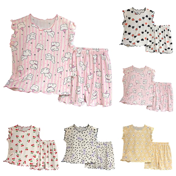 XZNPDUCQ Summer Outfits for Girls 3-6 Months Girls Summer 2PC Set Cute Cartoon Printed Short Sleeve Shorts Two Piece Pajamas Set