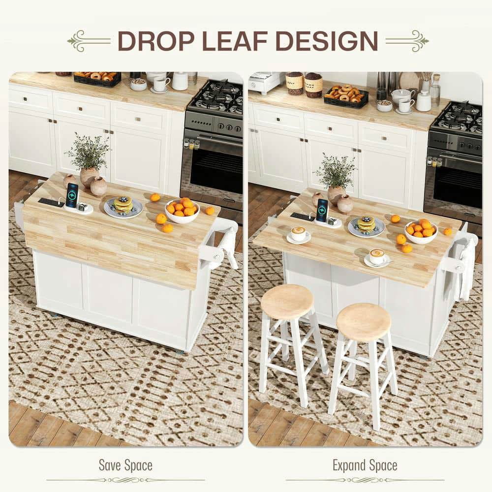 Spaco Kitchen Island on Wheels with Drop Leaf and Charging Station, Rolling Kitchen Cart with Wood Top and Adjustable Shelf, Kitchen Island for Indoor as Kitchen, Dining Room, White