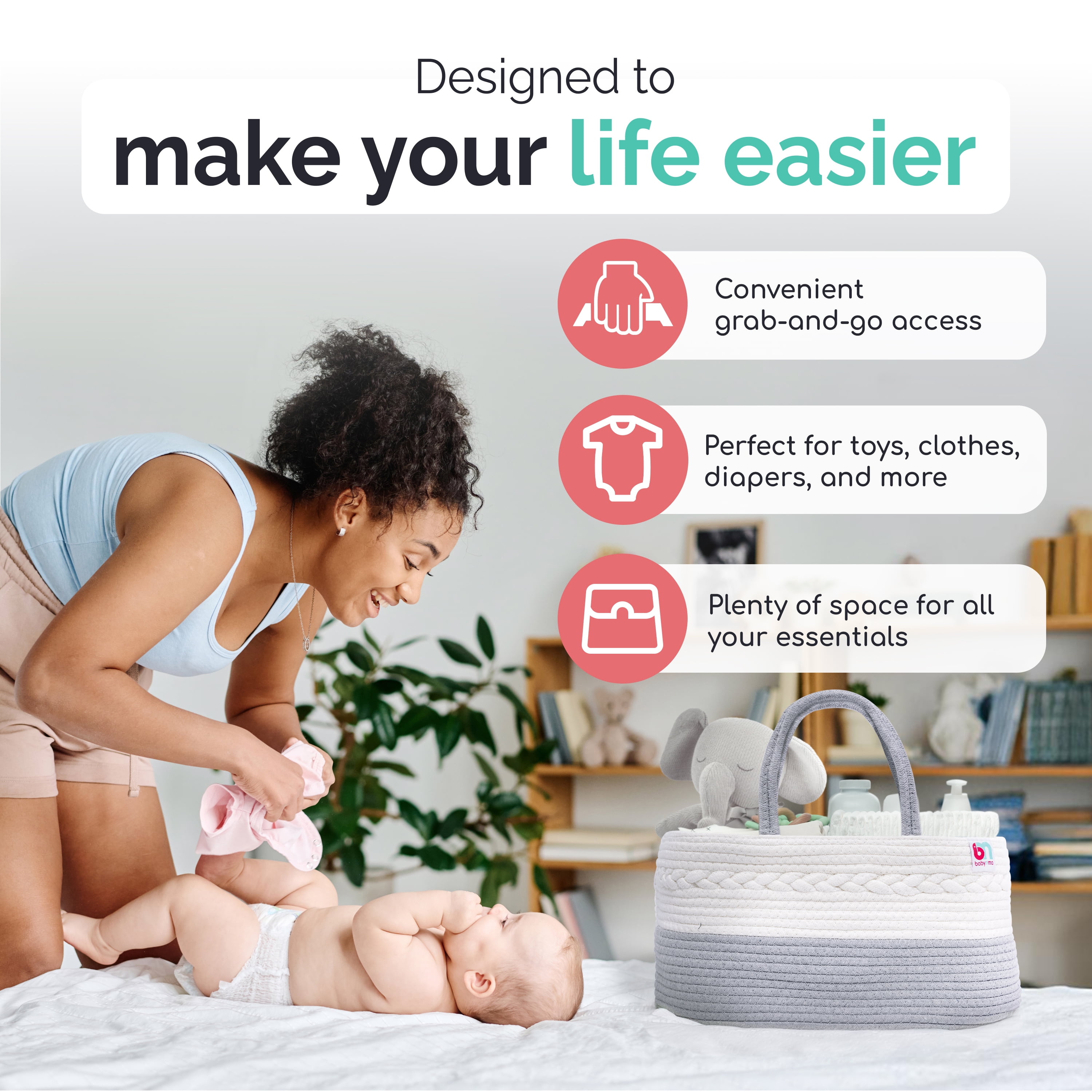 Babynma Rope Diaper Caddy - Extra Large Storage for Baby and Toddler Items - Convenient Organizer for Nursery, Bedroom, Living Room, Car - Baby Shower and Registry Gift - White and Grey
