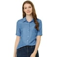 thumbnail image 1 of Unique Bargains Chemise en Denim Chambray à Manches Courtes pour Femmes Bleu TG, 1 of 5